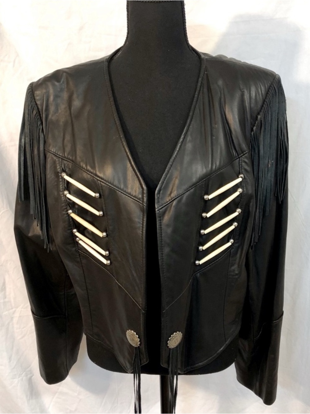 Black Leather Fringe Jacket with Concho and Bone Accent